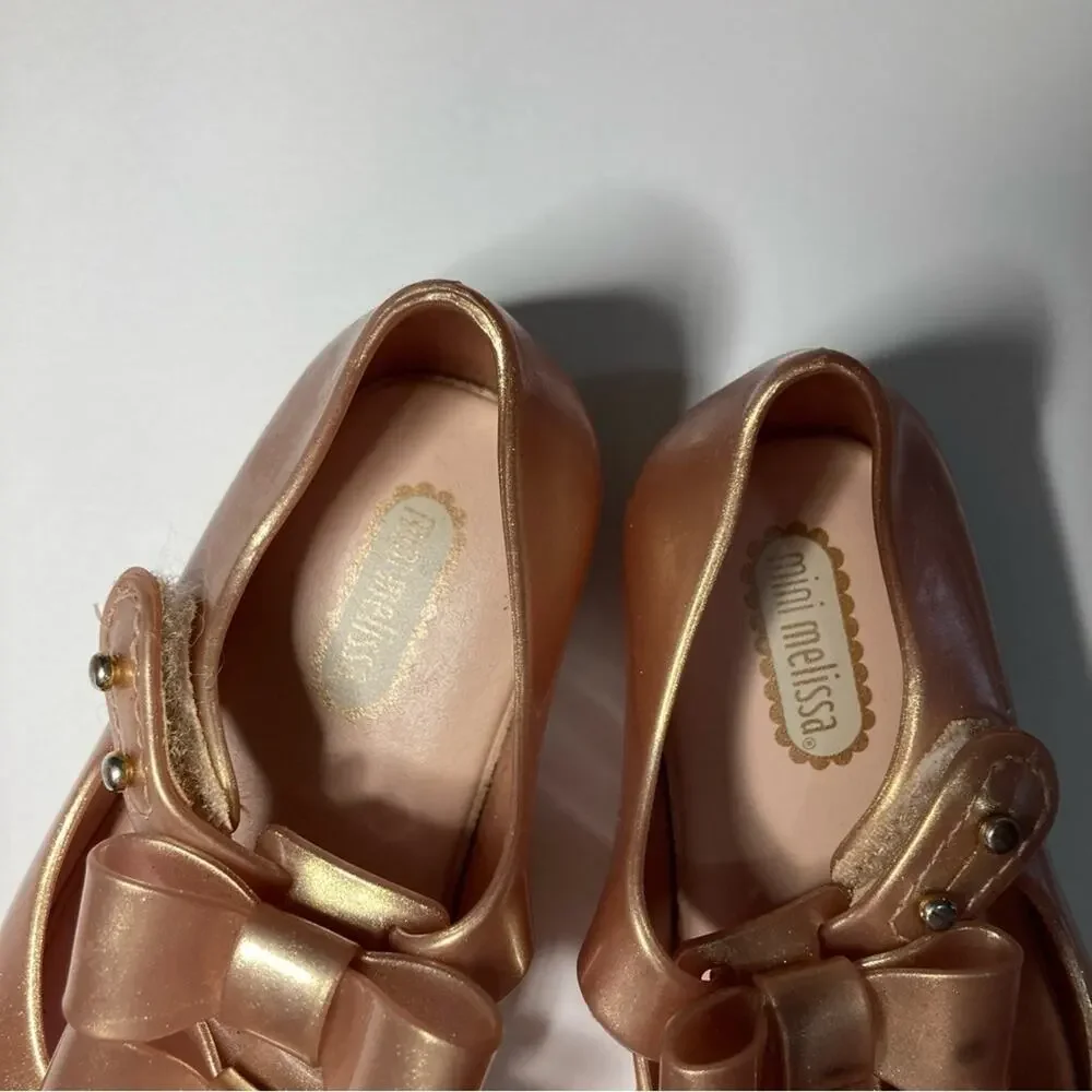 Mini Melissa Ultragirl Triple Bow Rose Gold Glitter Sparkly Dress Flats Shoes